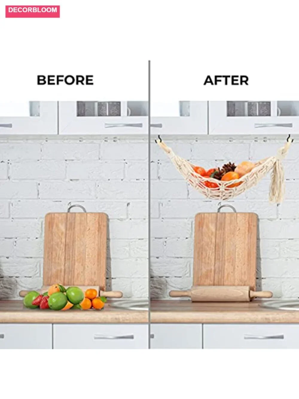 Cotton Hanging Fruit Hammock Under Cabinet Storage with Hooks